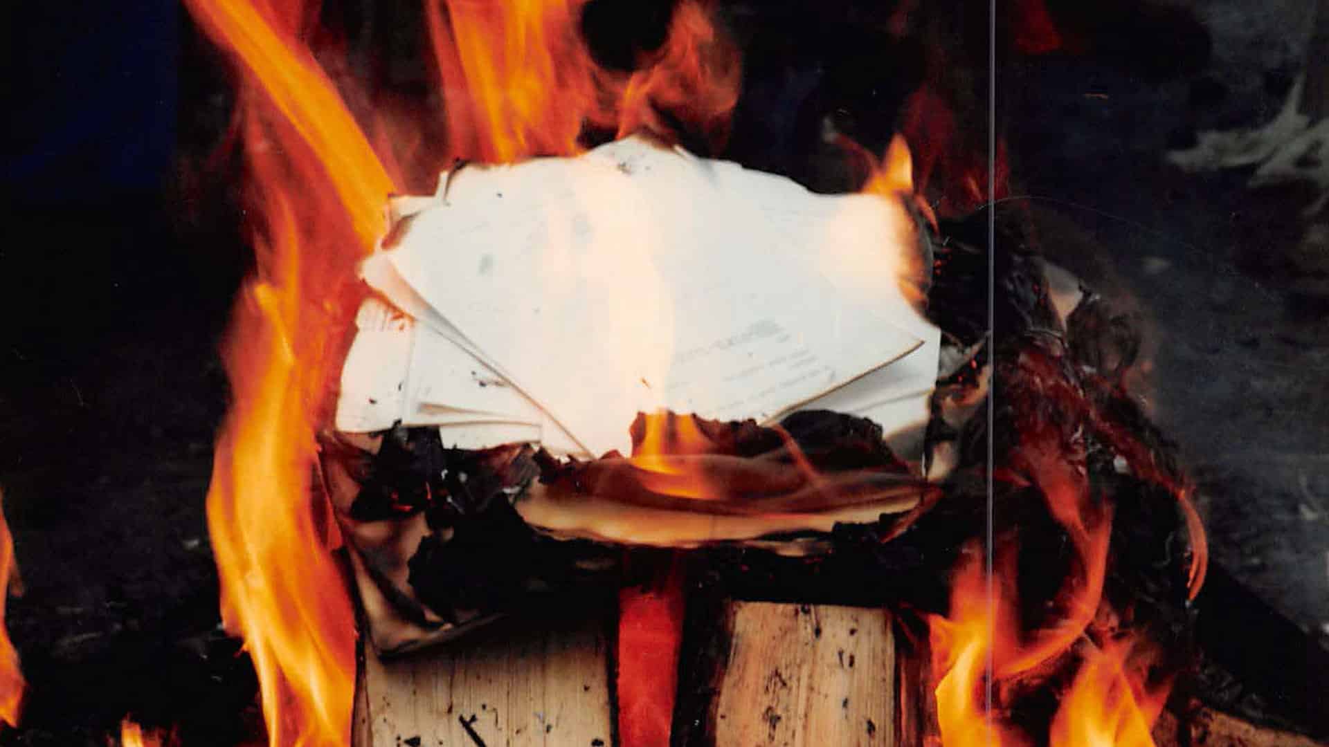 Court injunction paperwork burned in 1985