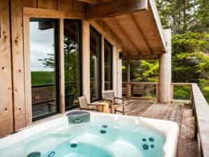 Closeup of a hotel's private deck with a hot tub